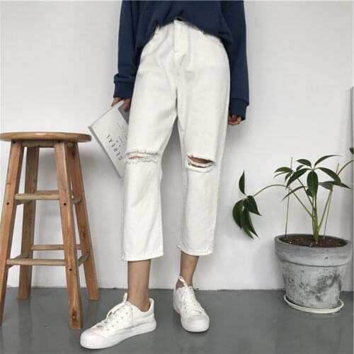 Women Ripped pant Ropa Harajuku Jeans Wide leg Washed Holes Broken Denim ankle BF Denim Pants thick Cotton Mujer Girl Trousers