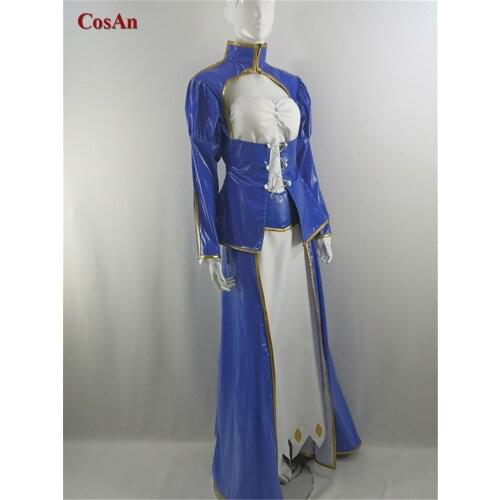 Hot Gmae Fate Stay Night Saber Cosplay Costume Blue Patent Leather Combat Dress Female Role Play Clothing High-End Custom-Make
