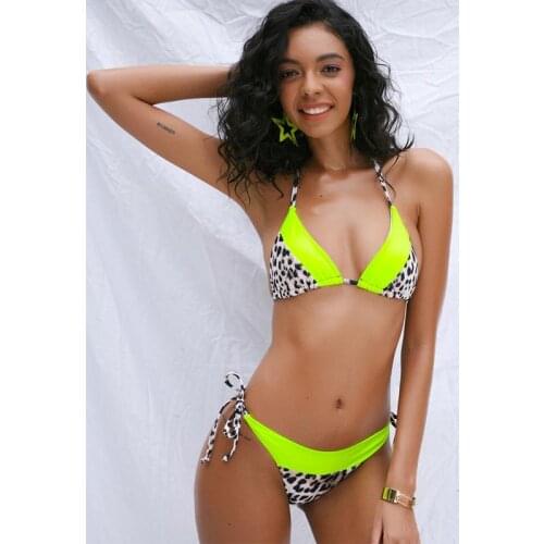 Women Neon Color Patchwork Bikini Set Swimsuit Women Bandeau Beachwear Leopard Swimwear Summer Bathers Bathing Suit Female