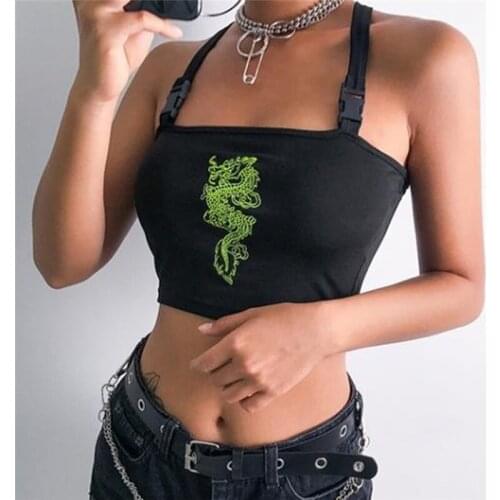 Women Sexy Summer Buckle Vest Boob Tube Crop Top Bralette Sheer Dragon Embroidery Stylish Hot Sale Camisole Tank Top
