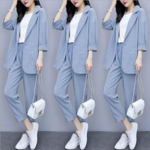 Womens Autumn Casual Suits Blue Yellow Beige Linen Pant Suits for Women 2 Two Pieces Blazer and Trouser Sets Summer Sheer Outfit