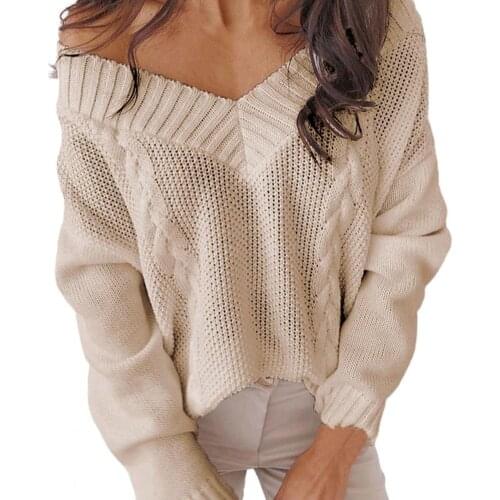 Autumn Women Knitted Sweater Sexy Deep V-Neck Off Shoulder Solid Color Long Sleeve Thermal Twist Pattern Pullover Sweater femme