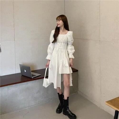 Dresses for Women 2021 Vintage Chic White Black Party Goth Bandage Spring Summer light Dress Sexy Off Shoulder Long Puff Sleeve