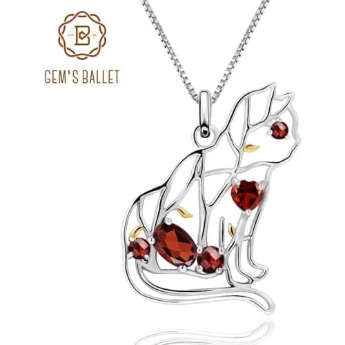 GEMS BALLET Natural Red Garnet Gemstone Fine Jewelry 925 Sterling Silver Handmade Cat Shape Pendant Necklace For Women