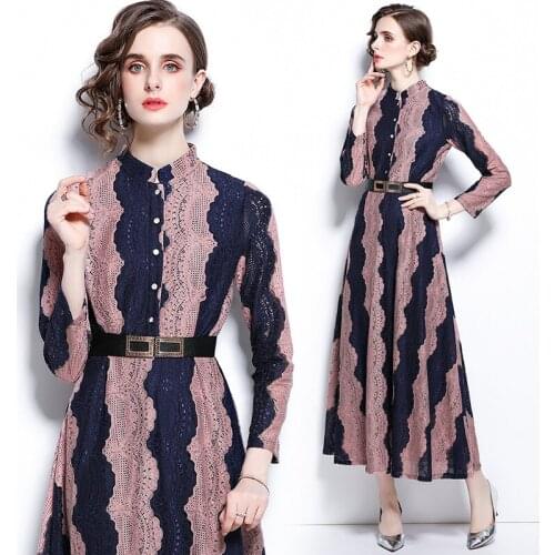 Womens Spring and Autumn New Hollow Lace Panel Embroidered Long-Sleeve Dress A- Line