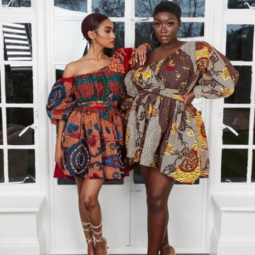 African Dress Summer Women 2021 Slanted Shoulder Belt Algeria Angola Ankara Benin Dashiki Colorful Printed Fashion Girls Outfit