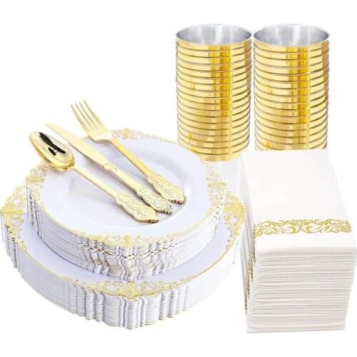 60 Pcs White and Gold Plastic Plates and Gold Plastic Silverware Cups Napkins Disposable Tableware Set Wedding Party Supplies