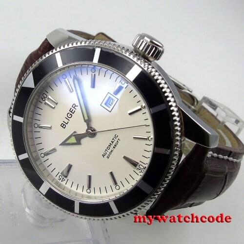 46mm bliger white dial black bezel luminous marks automatic mens watch B114
