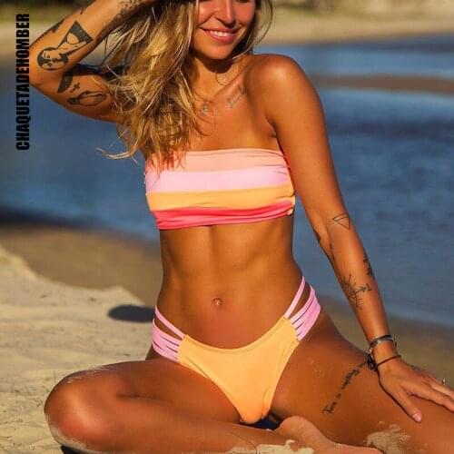 2021 Sexy Stitching Stripes Bikini Swimsuit Female Tube Top Backless Swimwear Brazilian Biquini Bikini Set Bathing Suit Bather