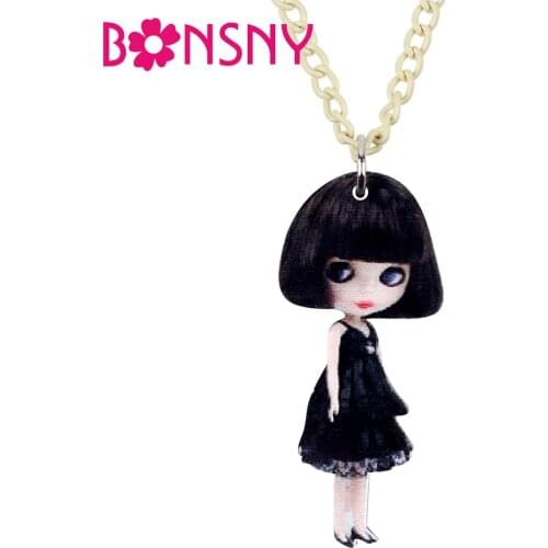 Bonsny Acrylic Black Short Hair Dress Girl Doll Necklace Pendant Choker Fashion Jewelry For Girls Lady Teen Charms Gift 2019 Hot