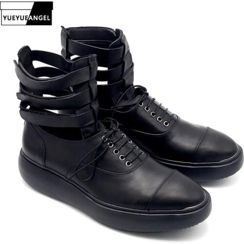 Gothic Straps Hollow Out High Top Mens Ankle Boots Retro Nature Leather Thick Platform Shoes Casual Boots Runway Med Heels Shoes
