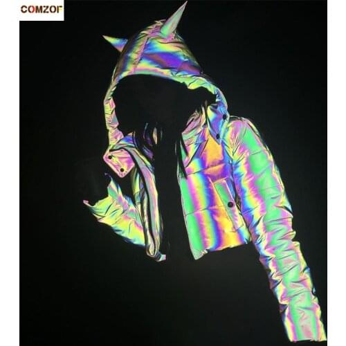 Hot sale women 2020 winter thick jackets crop top long sleeve colorful reflective warm coats fashion woman parkas clothes