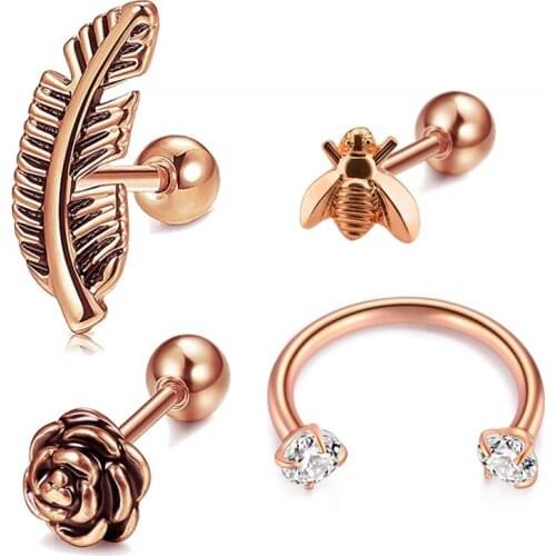 Cartilage Helix Stud Tragus Earrings-16G Stainless Steel Horseshoe Barbell Forward Helix Tragus Studs Rose Flower Bee Feather