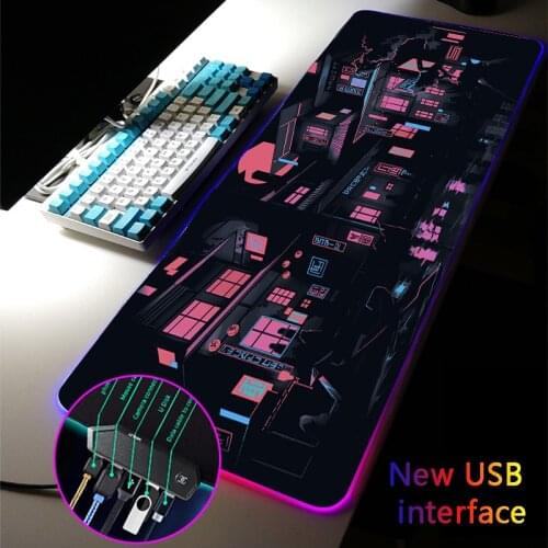 MRGLZY RGB Gaming Mouse Pad LED 4-Port Mousepad Japanese Street Carpets XXL Large USB Hub Games Computer PC Mouse Mat for Csgo