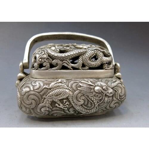 China silver handwork carved beautiful censer water dragon incense burner Statue