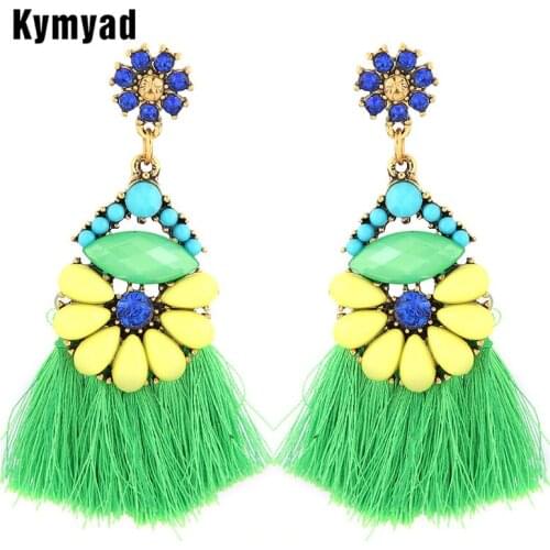 Kymyad Bohemian Resin Stone Drop Earrings For Women Tassel Pendant Earings Fashion Jewelry Long Statement Earrings