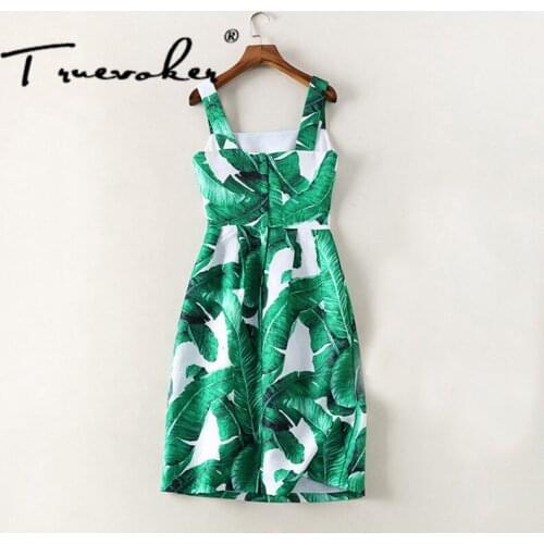Summer Designer Dress Womens High Quality Green Leave Printed Insect Diamond Beading Embossed Strap Dress 2XL