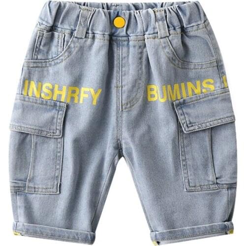 Fashion Boys Girls Denim Pants Knee Length Kids Jean Trousers Summer Coo Design Elastic Waist Childrens Clothing