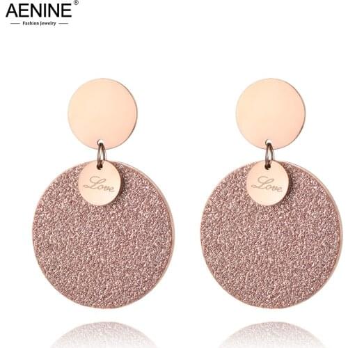 AENINE Trendy Office Stainless Steel Earrings Jewelry Rose Gold Color Frosted Sheet Circle 'LOVE' Stud Earrings AE18444