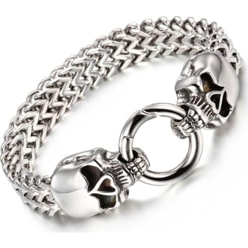 Trendy Gift Stainless Steel Silve Double Skull Skeleton Head Rock Figaro Chain Mens Bracelet Bangle Punk Jewelry 8.66"*12mm Hot