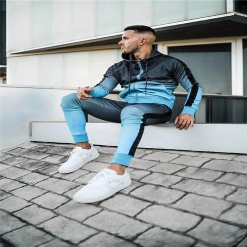 Men Clothing 2021 New European Version of Sports Fitness Mens Cardigan Elastic Hooded Gradient Suit Jacket + Pants 2-Piece Set