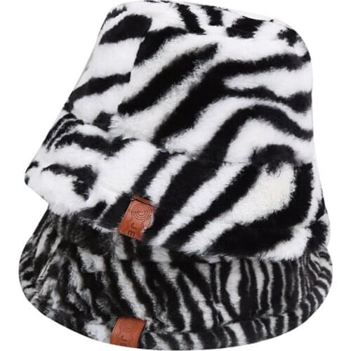 Women Hats Faux Fur Zebra Print Bucket Hats Outdoor Warm Thick Soft Foldable Hat Gorro Lady Winter Panama Fisherman Caps