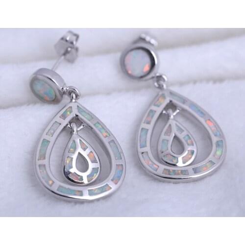ROLILASON Fashion water drops earring silver plated stamped white fire opal drop Earrings fashion Jewelry OE740