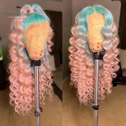 Preferred Ombre Lace Front Wig Brazilian Remy Preplucked Green Hot Pink Curly Human Hair Wig Transparent Lace Wigs For Women