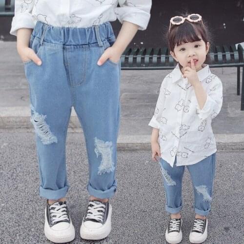 Ripped holed boys girls jeans denim pants kids trousers cotton elastic waist childrens clothes