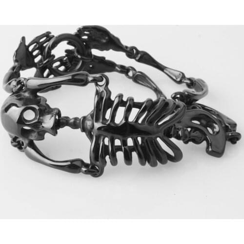 34.8mm Vintage Sporty Style Stainless Steel Link Black Tone Skeleton Skull Bracelet Mens Boys Handsome Daily Wristband Jewelry