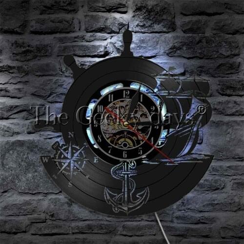 Anchor Ship Naval Compass Led Light Vinyl Record Wall Clock Sailors 3D Deco LED Wall Light Seamen Wall Lamp