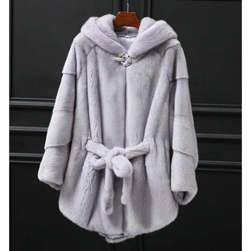 Copenhagen Mink Whole Fur Women Regualr Skirt Coat with Hood and Belt Winter Thick Warm Female Mink Fur Jacket