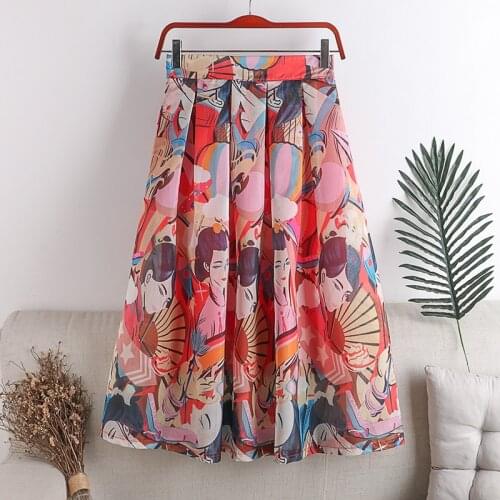 Summer Woman Pleated Skirt Casual Organza Elasticity High Waist Kawaii Japanese Style Vintage Print Harajuku Midi Skirt Female