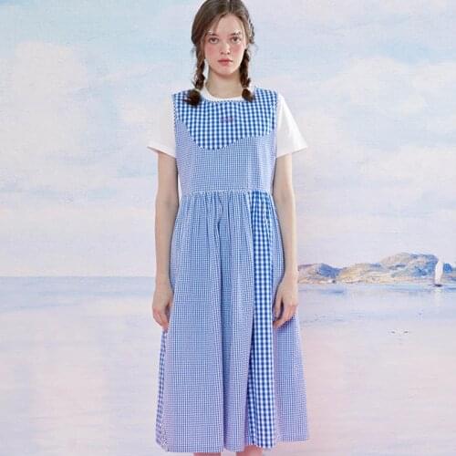 Summer New Design Casual Loose Dress For Women Sleeveless Cotton Dresses Plaid Patchwork Letters O Neck Preppy Style