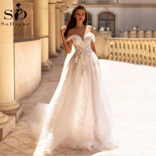 SoDigne Wedding Dress Boho 2021 Off The Shoulder Appliqued Lace Beach Dress Elegant Ivory Wedding Gowns