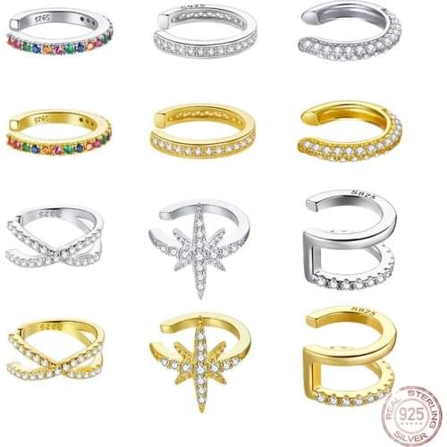 1PC Ear Cuff 925 Sterling Silver Clip Earrings for Women Gold Color Spain Fashion Jewelry Rhinestone Tiny Earrings SCE994