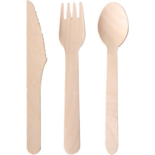 100pcs/pack 14cm Disposable Wooden Fork Knife Spoon Dessert Cake Spoon Fruit Fork Disposable Tableware Set