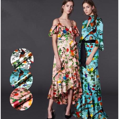 118cm wide 19mm 93% silk & 7% spandex forest print pink blue stretch silk satin fabric for dress shirt clothes cheongsam D754