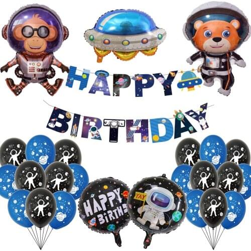 26pcs/set UFO Astronaut Monkey Bear Birthday Party Decor Space Banner Universe Rocket Aluminum Film Balloon Supplies Kids Favor