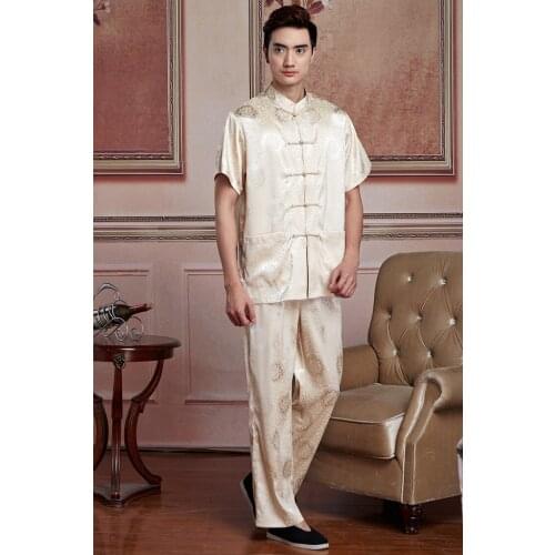 Free shipping chinese kung fu set men chinese Tai chi suit short shirt + pants faux silk kungfu uniform 6 color