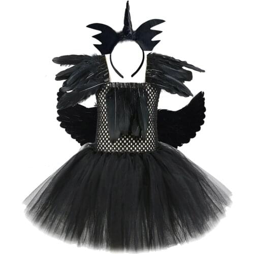 Black Angel Wings Tutu Dress for Girls Kids Witch Halloween Costumes Children Fancy Dresses Princess Girl Evil Cosplay Outfits