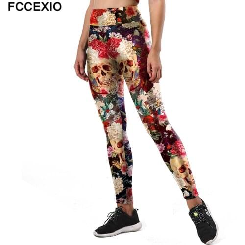 FCCEXIO New Style Fashion Leggings Women Sporting Flower Skull Fitness Leggins 3D Printed Head Pattern Pants High Waist Trousers