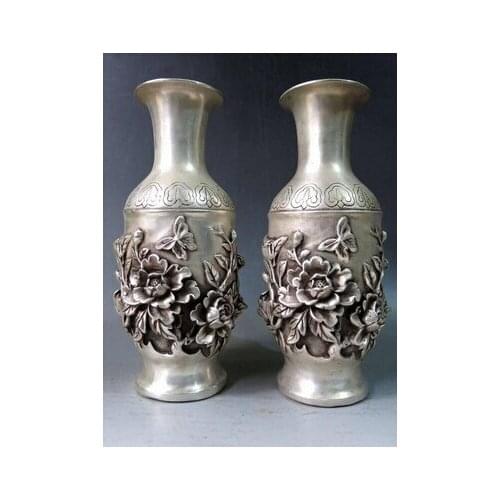 10 " China prata esculpida borboleta flor vasos par Crafts Home Furnishing Arts pure copper