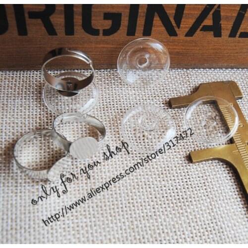 30sets 20mm Flat Round Glass Liquid ring ,glass bubble pendnat glass vial pendant & 10mm pad white k metal ring