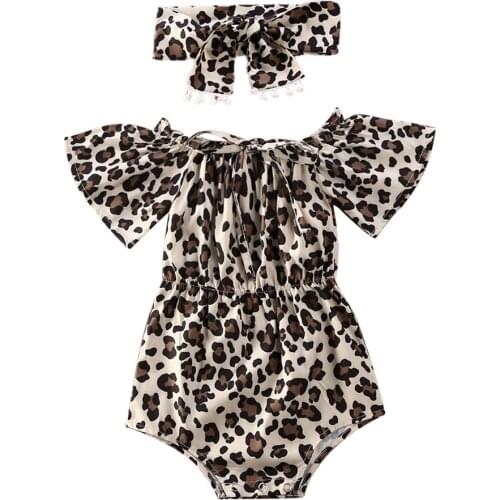 0-24M Infant Newborn Baby Girls Leopard Bodysuits Flare Sleeve Bowknot Strap Jumpsuits + Headband Fashion Summer Outfits