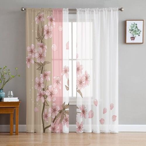 Peach Blossom Petals Leaves Flower Tulle Window Treatment Sheer Curtains for Kitchen Living Room the Bedroom Curtains Decoration