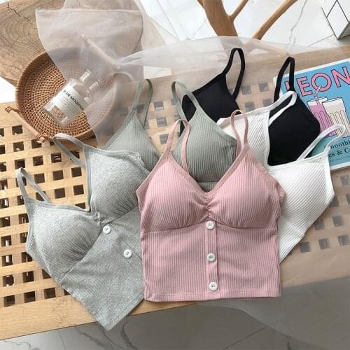 Women Camisoles Sexy V-neck Tanks Thin Threaded Knitted Cotton Camisole Summer Button Removable Chest Pad Underwear