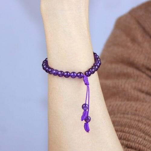Fashion Women Young Girls 6mm Amethysts Pink Crystal Beaded Bracelets Boho Natural Stone Wrist Band Adjustable Rope Jewelry