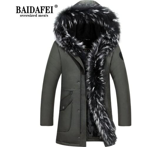 BAIDAFEI Men Fashion Fur Slim Winter Warm Jacket Mens Fur Collar Hooded Warm Fleece Lined Down Jackets and Coats S-5XL