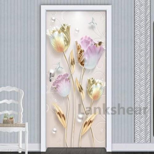 New Modern Embossed Tulip Flowers Door Stickers Mural PVC Self-adhesive 3D Wallpaper For Living Room Bedroom Door Decor Decals